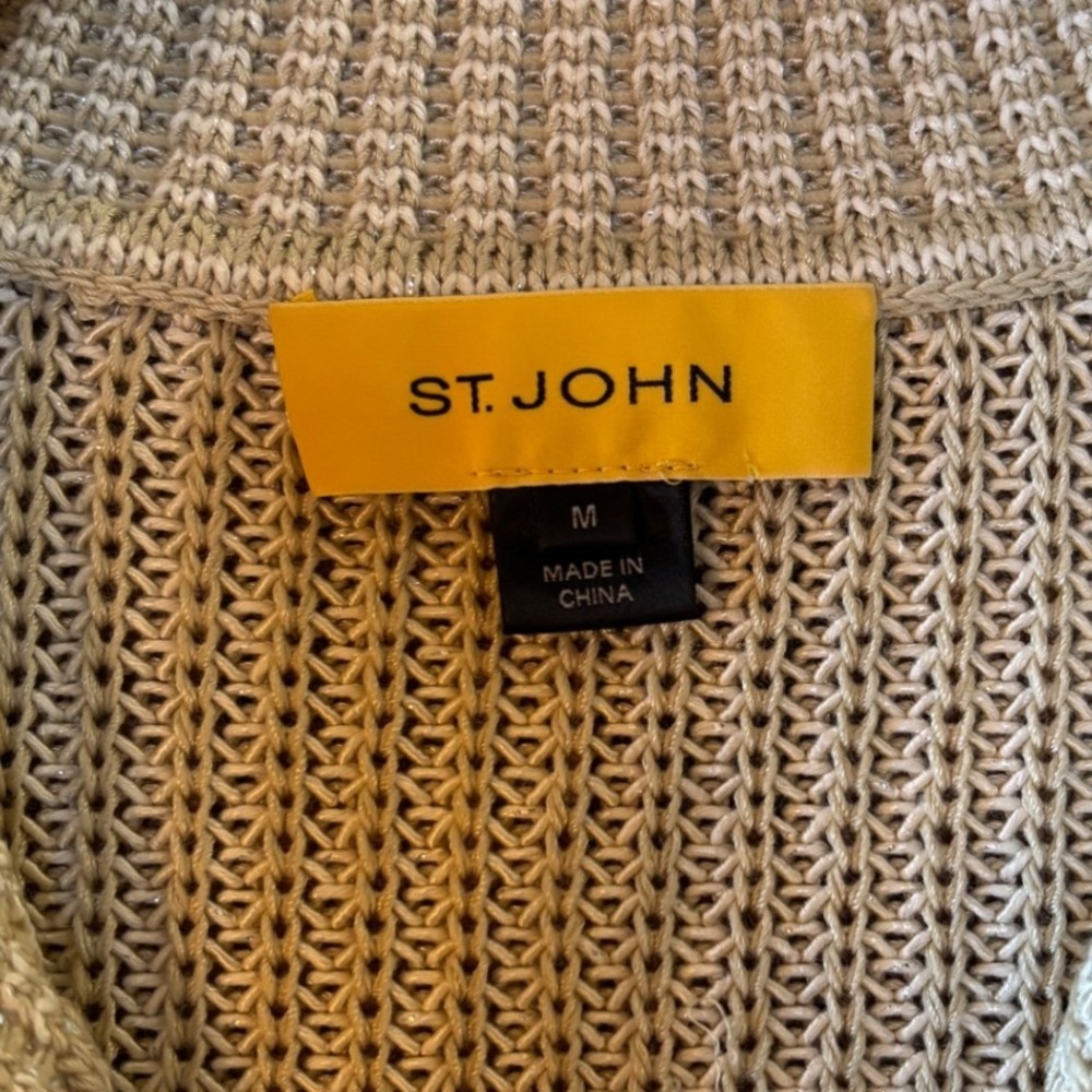 St. John Womens Beige Wool Silk Metallic Cardigan Sweater Elbow Patches Medium - Picture 7 of 9